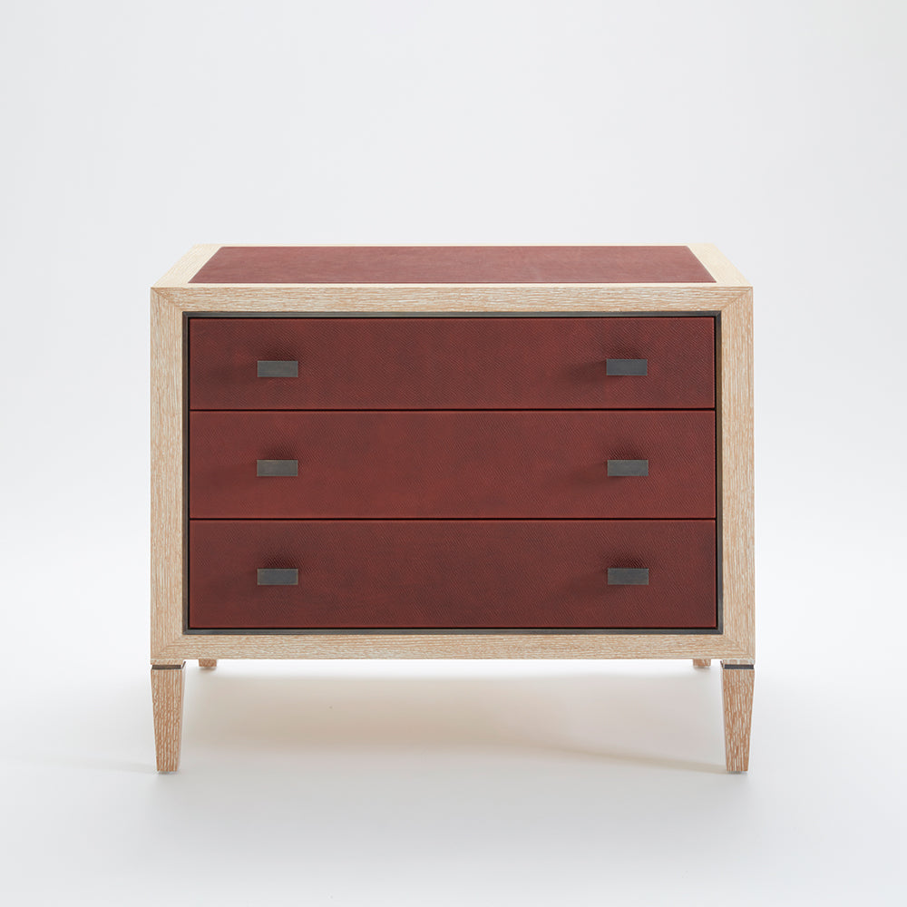 bedside dresser Limed Oak Nightstand with Red Leather Drawers – Modern Three-Drawer Bedside Table – Euro Trash