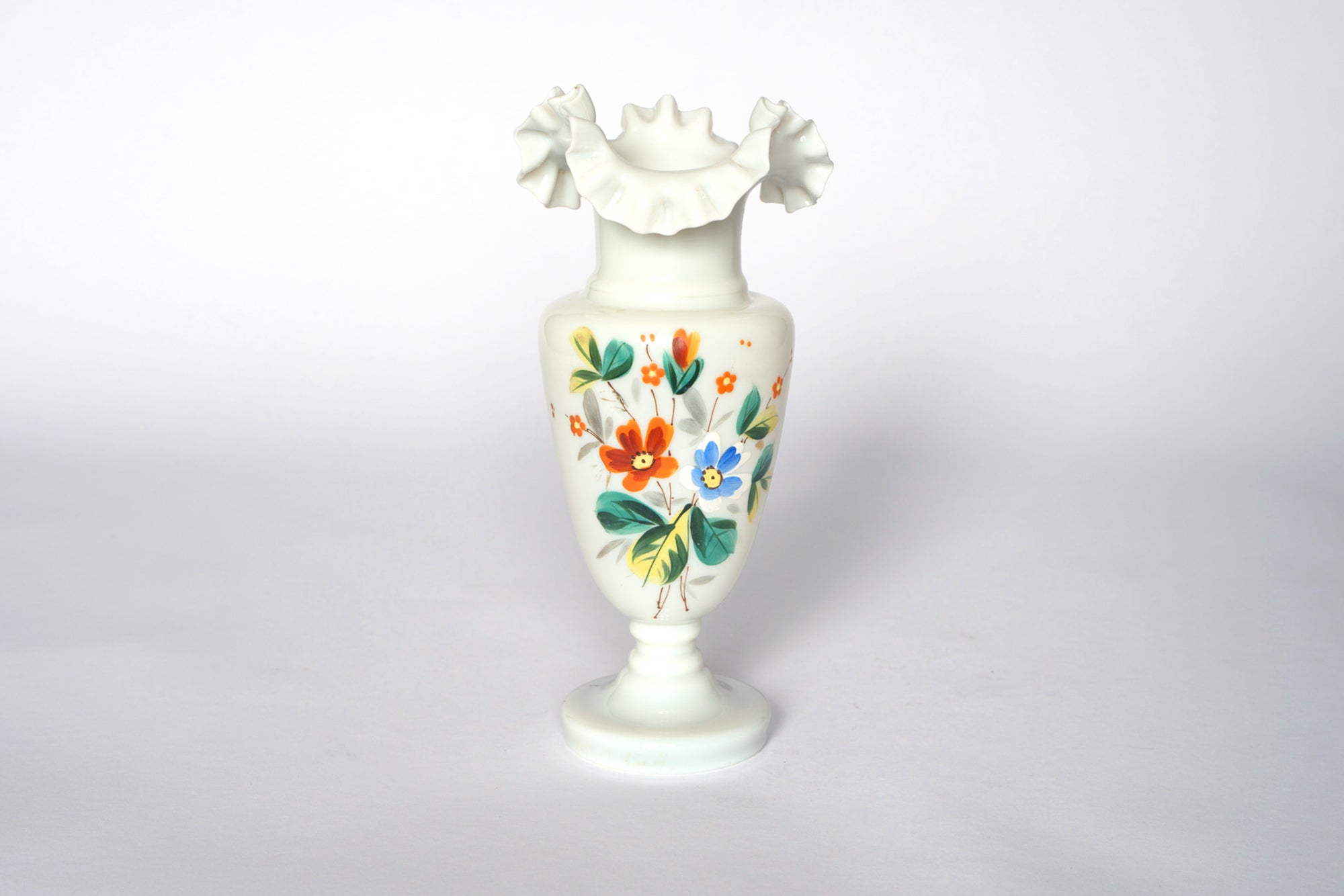 Milk Glass Vase | Hand Painted Floral | Ruffled Rim Vase | Vintage Decor | Cottage Style Accent