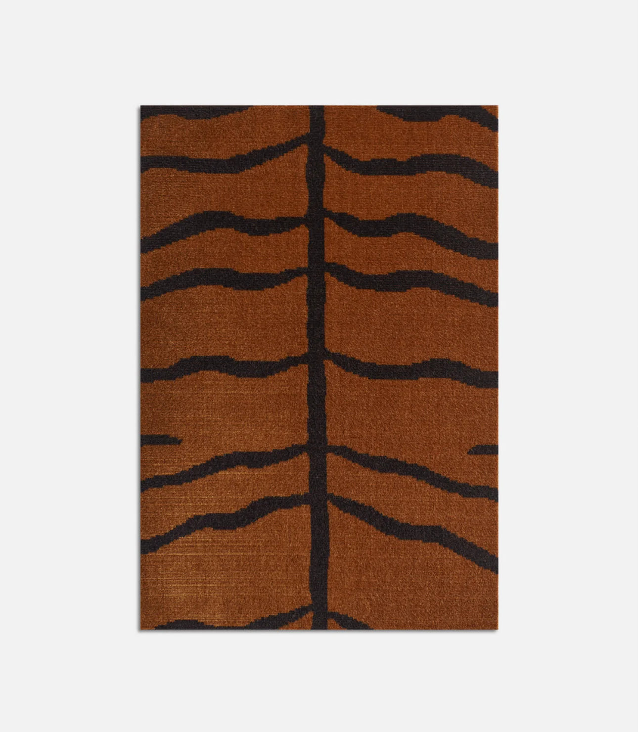 Rectangular rug with black tiger stripes on a rich brown background—pairs perfectly with The Forsyth Mushroom Pouf in Dedar 'A Tiger In The Orangerie' for a stylish, coordinated look.