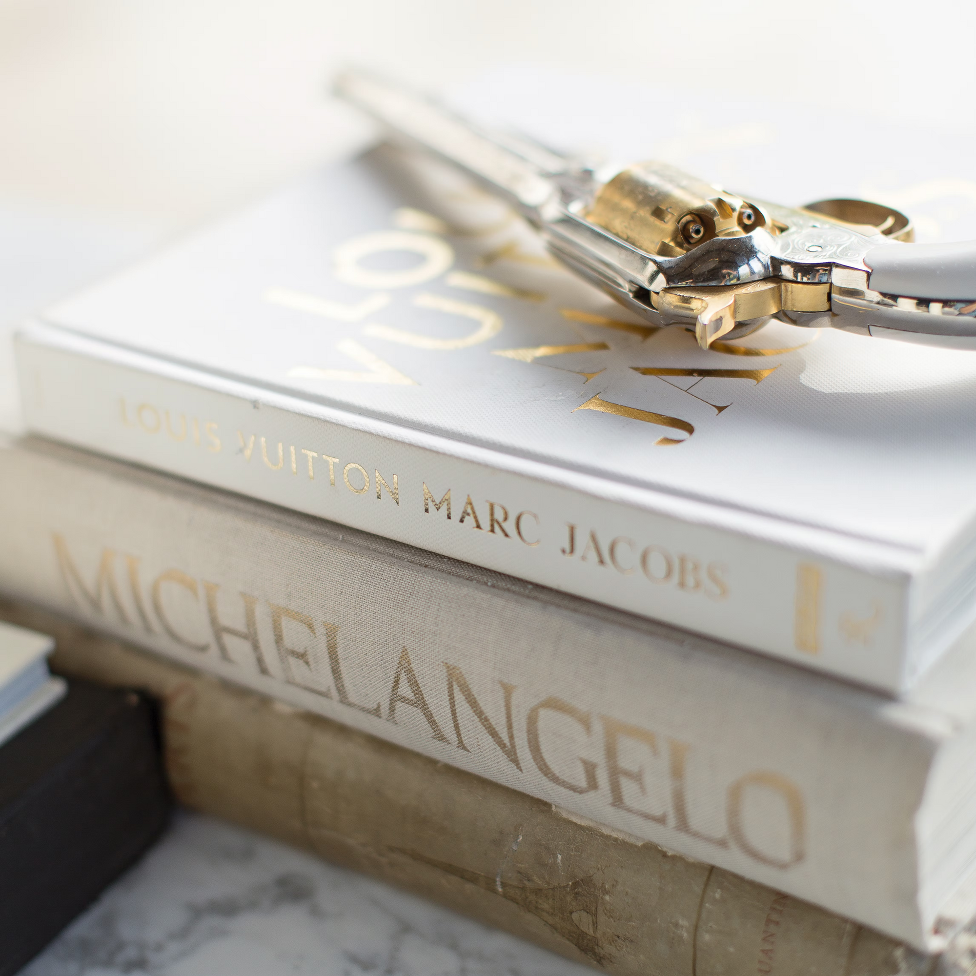 Three stacked books, including “Louis Vuitton Marc Jacobs” and “Michelangelo,” with a shiny metal object resembling a corkscrew or bottle opener resting on top. The scene is softly lit.