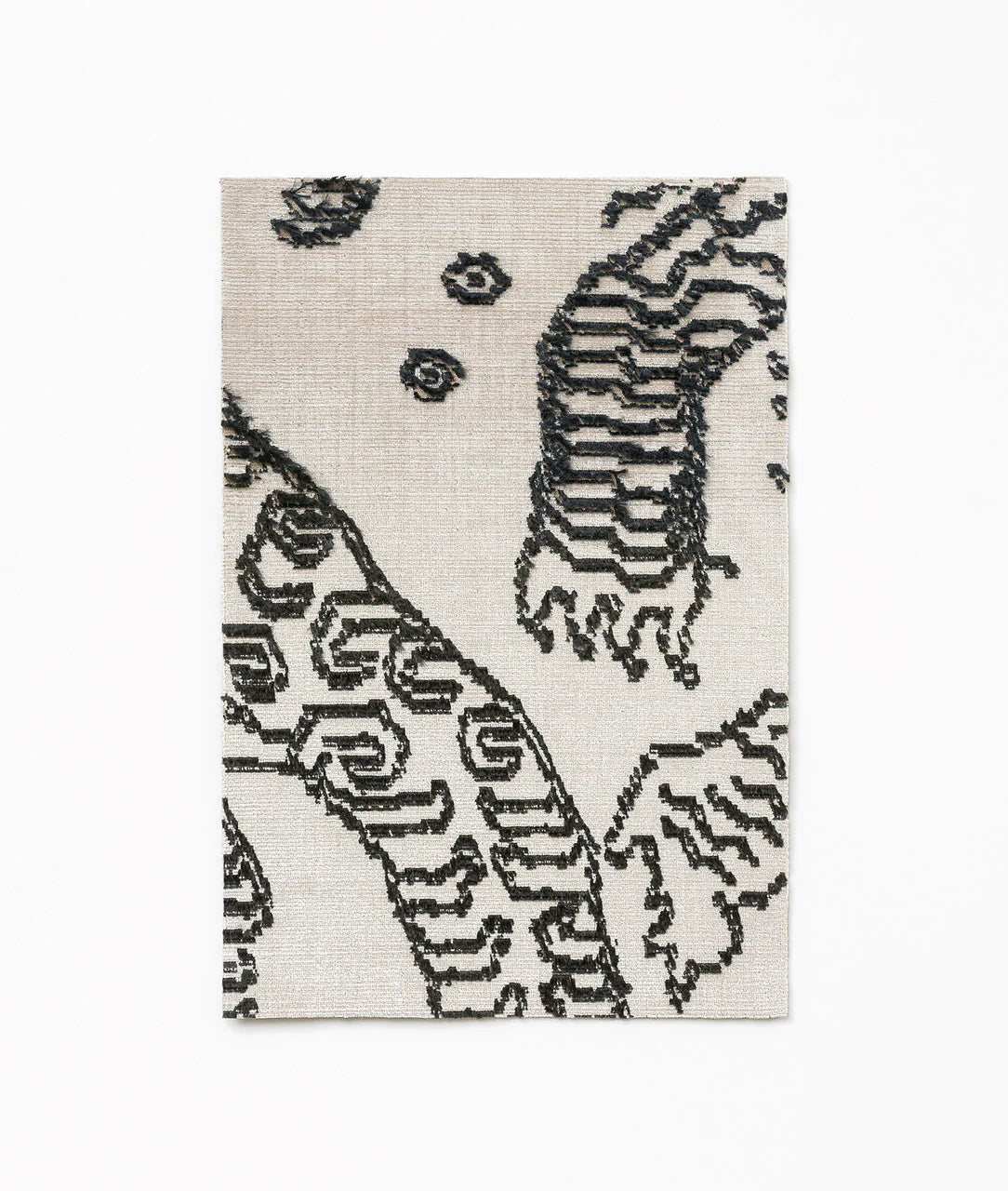 The Forsyth Mushroom Pouf in Dedar 'Tiger Mountain' Jacquard Velvet features abstract black geometric patterns on a light beige, textured velvet—reminiscent of animal limbs or scales—making it a striking statement piece.