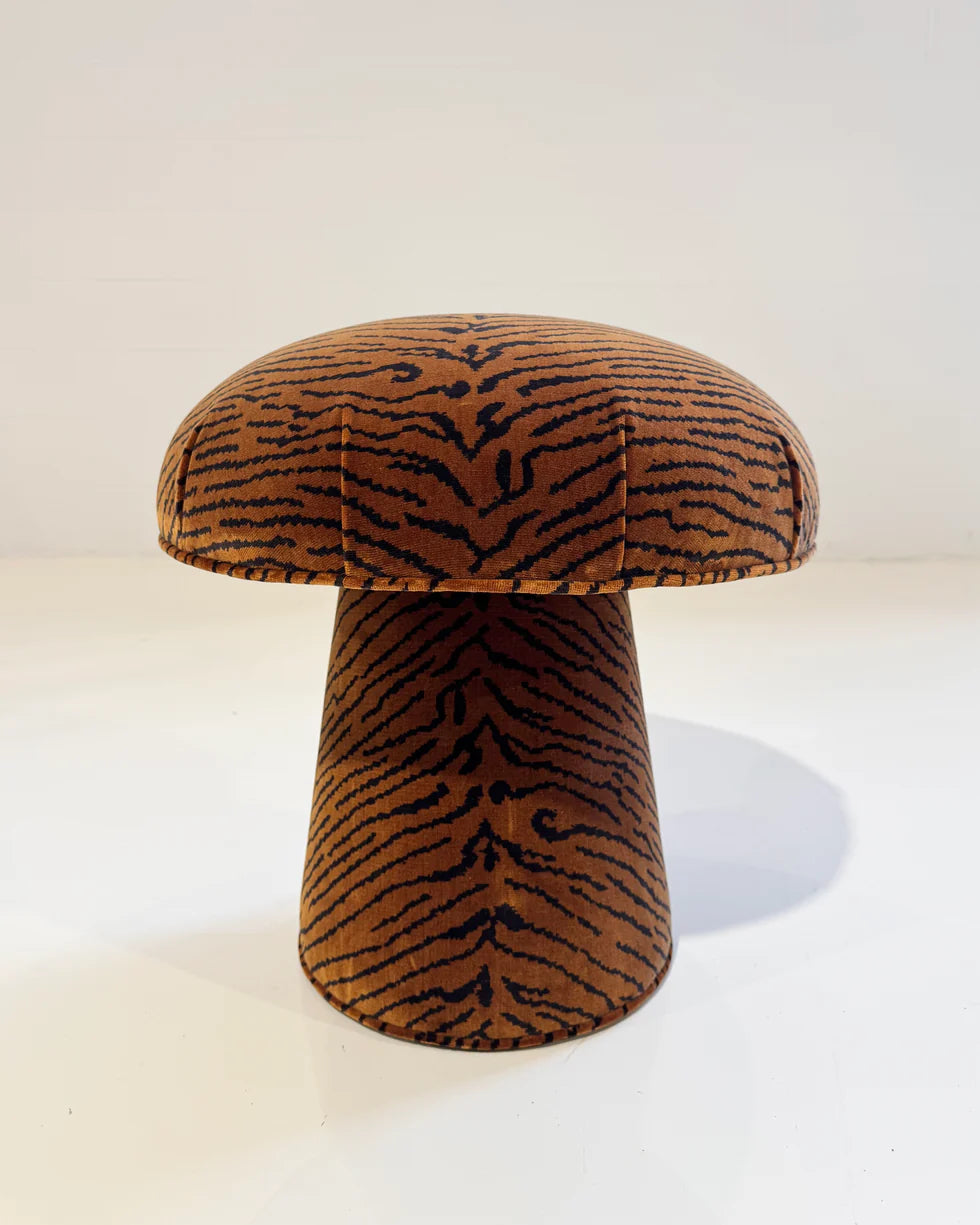 The Forsyth Mushroom Pouf, upholstered in Dedar 'This Is The Tiger Speaking' brown and black tiger-striped jacquard velvet, is shown against a plain white background.