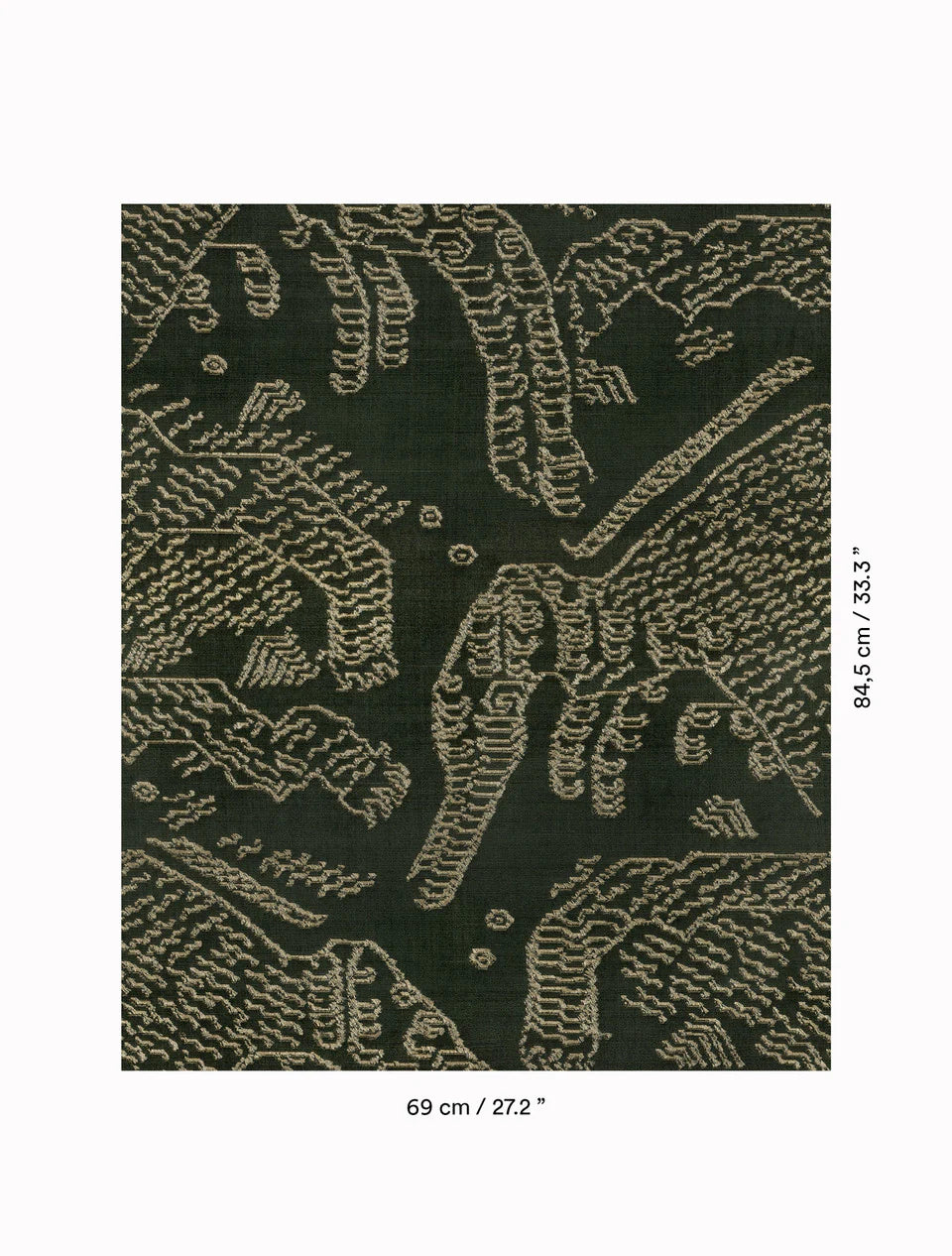 The Forsyth Mushroom Pouf features Dedar 'Tiger Mountain' jacquard velvet with an abstract beige-on-dark-green pattern, ideal for upholstering ottomans. The fabric measures 69 cm wide by 84.5 cm tall.