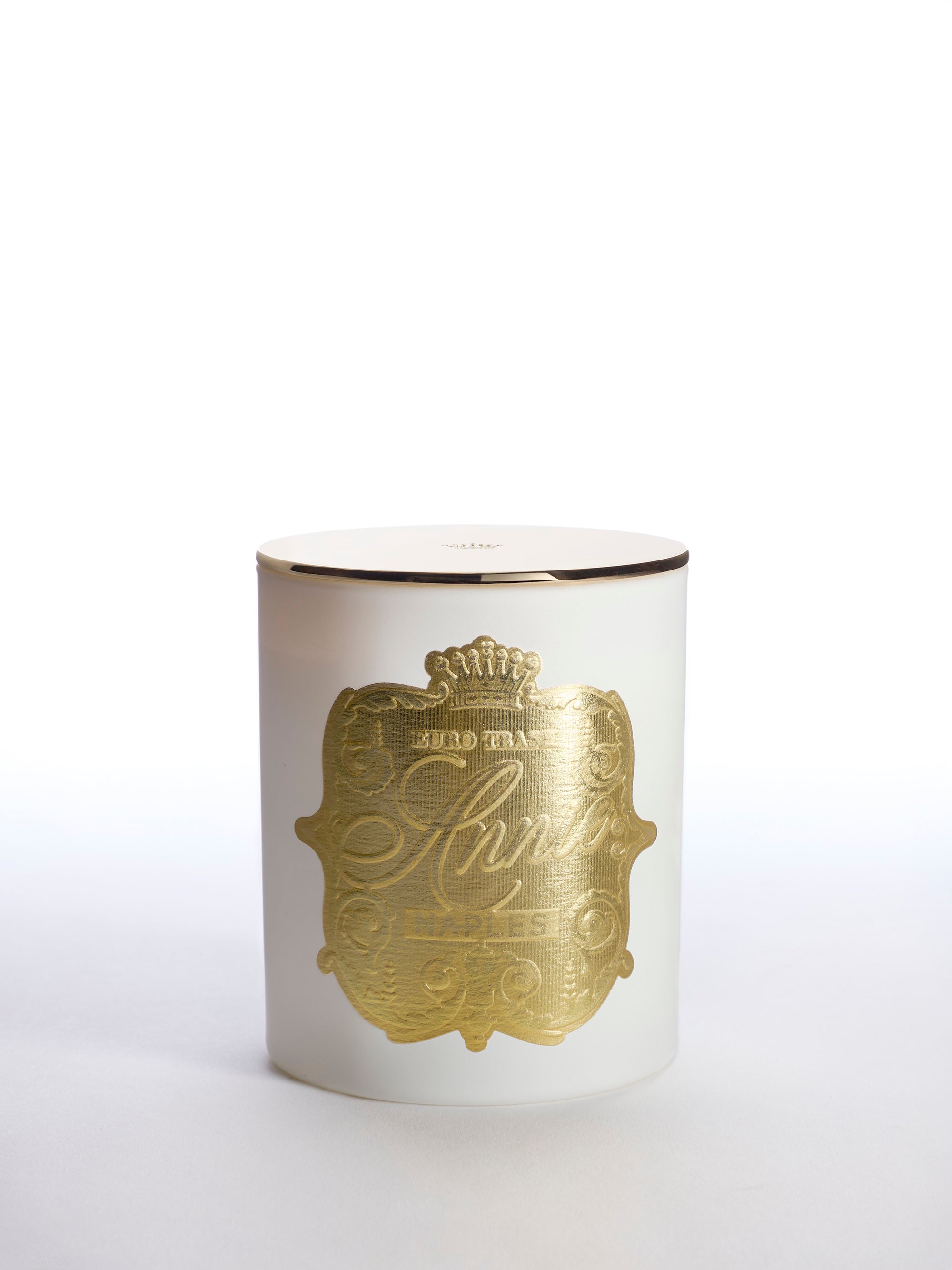 Naples is a clean-burning, white-scented soy candle in a jar with a shiny gold-embossed ornate label and a flat round lid, displayed against a plain white background.