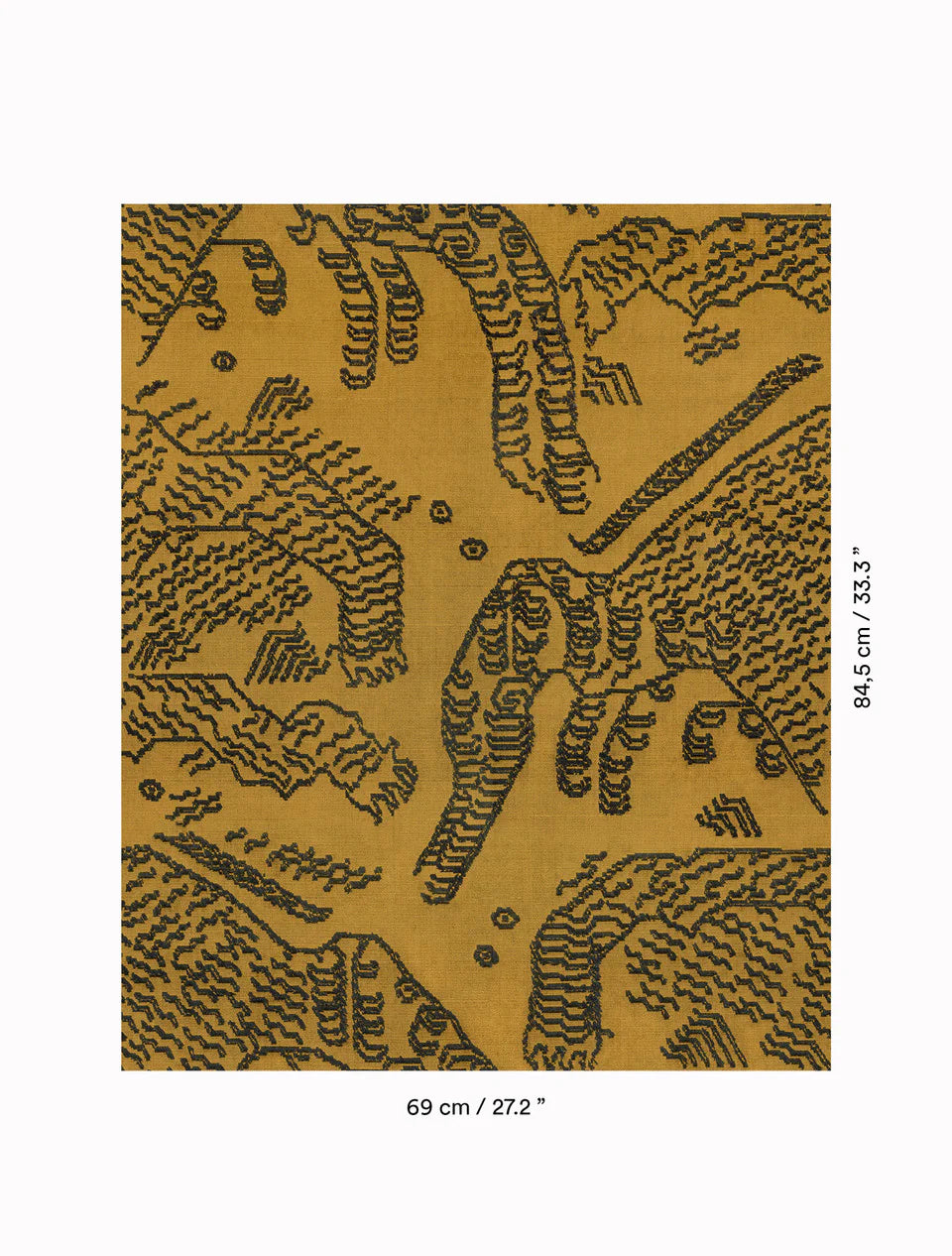 The Forsyth Mushroom Pouf features Dedar 'Tiger Mountain' jacquard velvet in mustard yellow with black abstract lines, measuring 84.5 cm x 69 cm—ideal for upholstering a unique ottoman or accent piece.