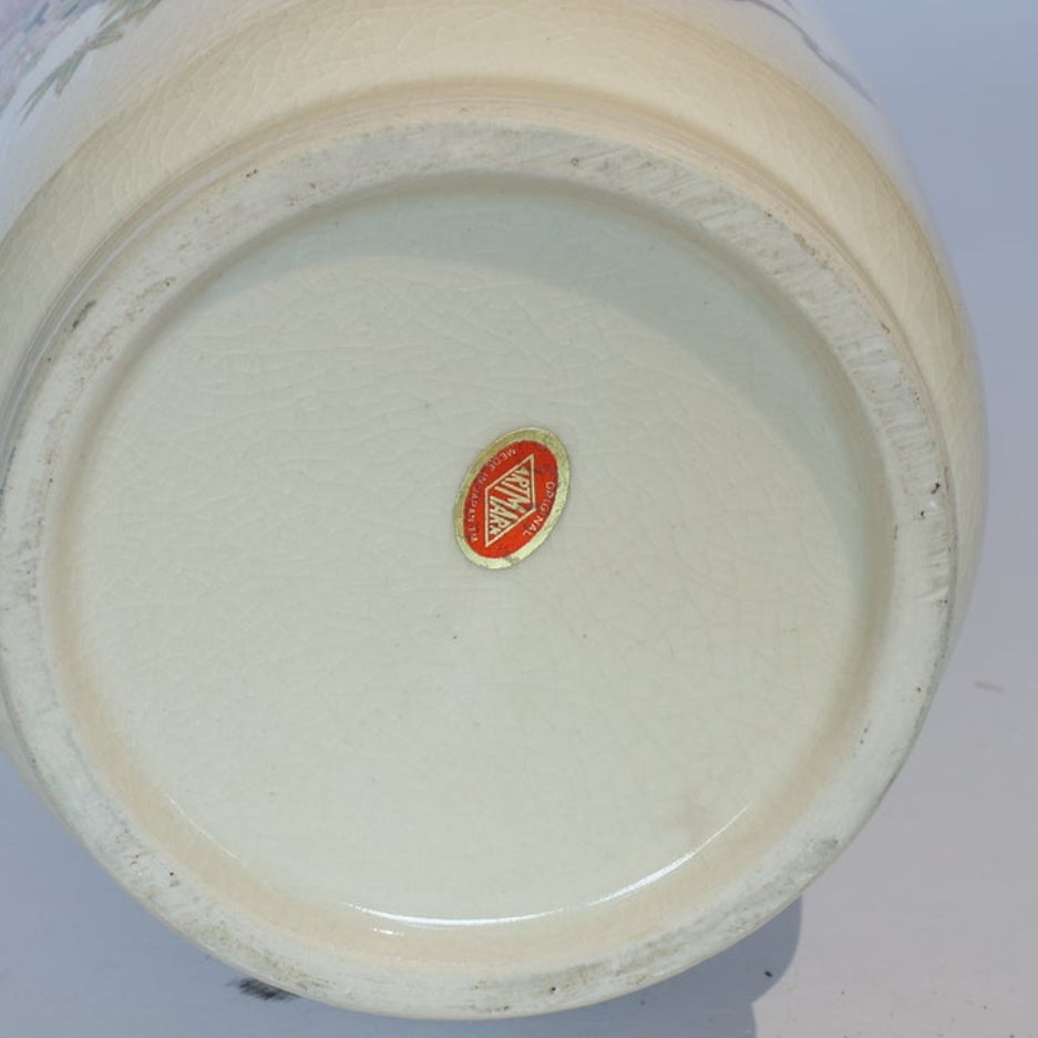 The Vintage Japanese Satsuma Style Ceramic Vase by Euro Trash features a red and gold triangular “Japan” sticker on its base and a crackle-glazed finish inspired by classic Satsuma artistry.