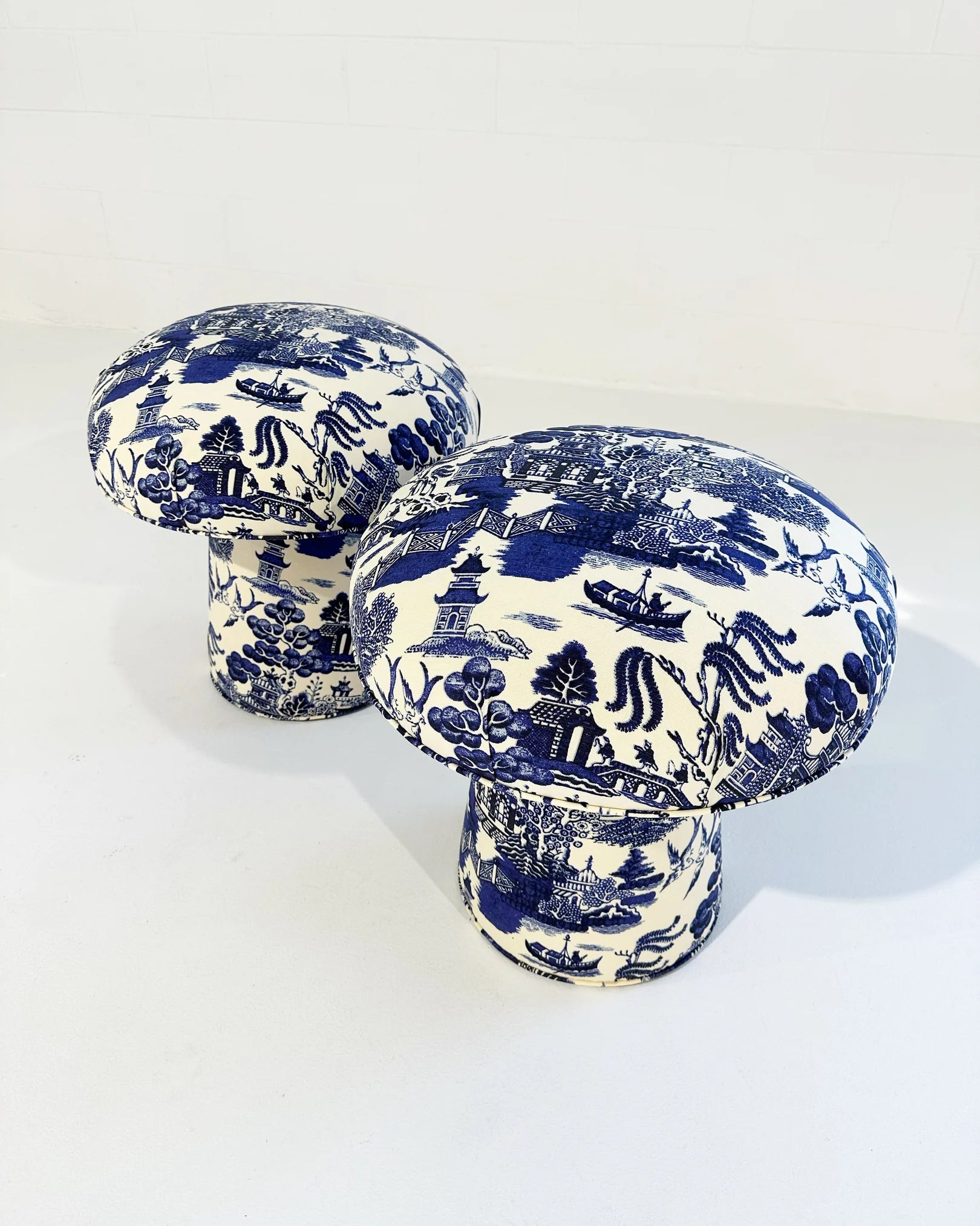 The Forsyth Mushroom Pouf in Beata Heuman Willow Linen Cotton adds a whimsical accent to your space, inspired by blue and white painted mushrooms and perfect as a unique handmade ottoman.