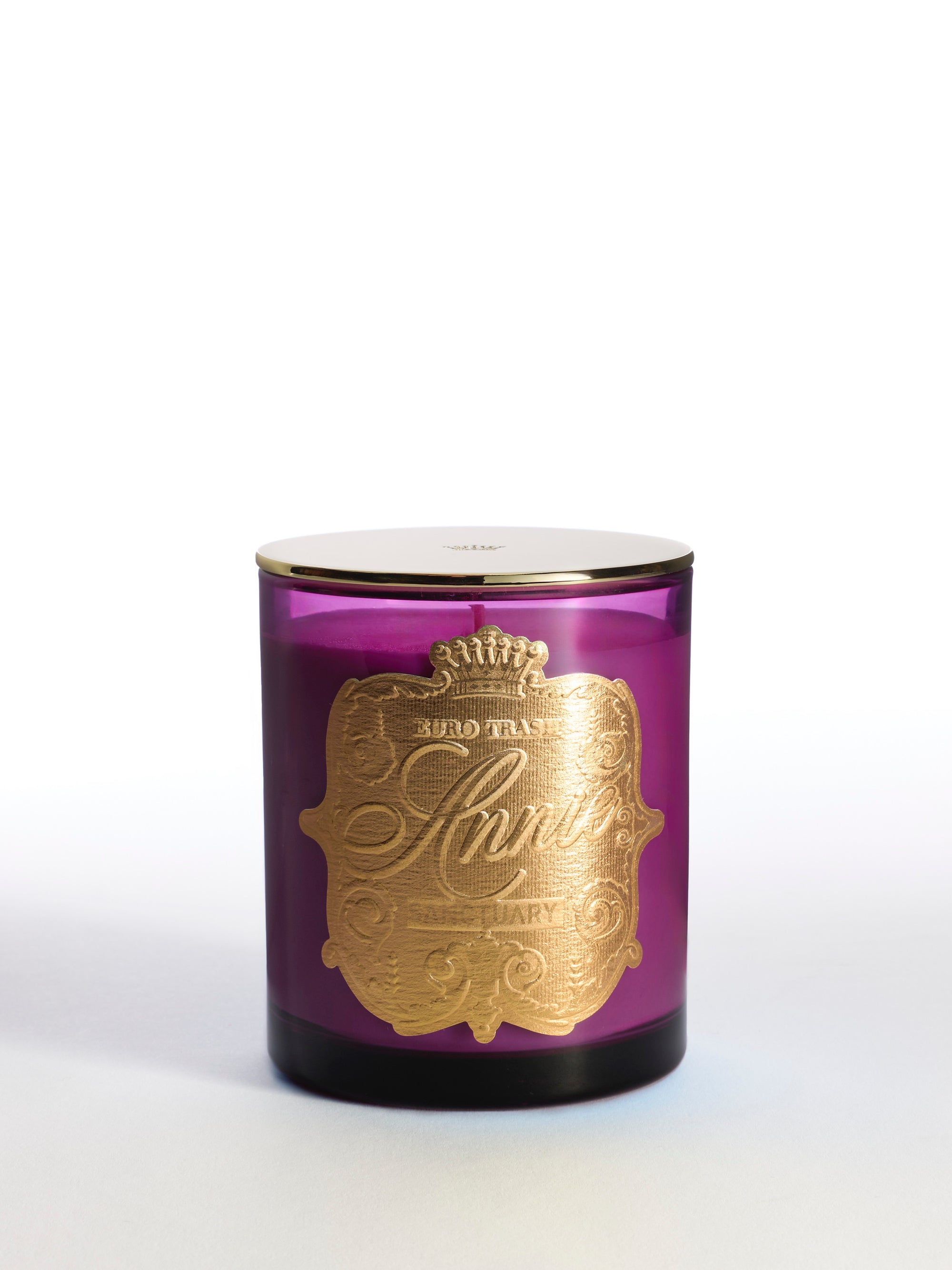 Sanctury is a purple glass candle jar with a gold lid and ornate gold label reading "Sanctury" on the front—an elegant luxury home fragrance that adds chic style to any space. Shown against a plain white background.