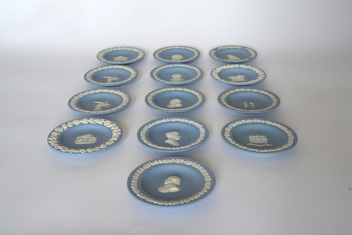 Set of fourteen Euro Trash Vintage Blue Jasperware Style Relief Plates—small, round plates with white decorative edges and classical motifs—perfect as a striking wall display.