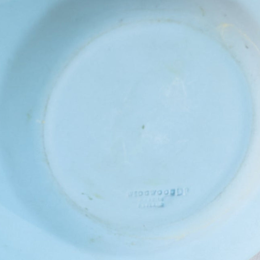 A close-up of the underside of a Euro Trash Vintage Blue Jasperware Style Relief Plate reveals a faint embossed mark and subtle wear.
