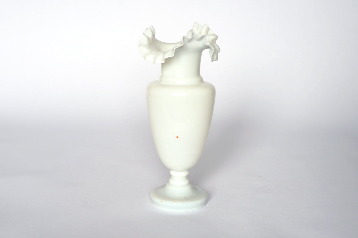 The Euro Trash Vintage Hand-Painted Milk Glass Vase features a ruffled, fluted rim and stands upright on a small round base against a plain white background.