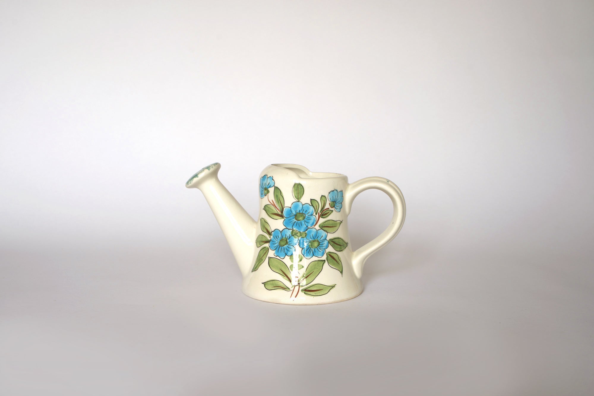 The Euro Trash Vintage Hand-Painted Floral Ceramic Watering Can, adorned with blue flowers and green leaves, features a classic handle and spout, making it a charming accent against a plain light background.