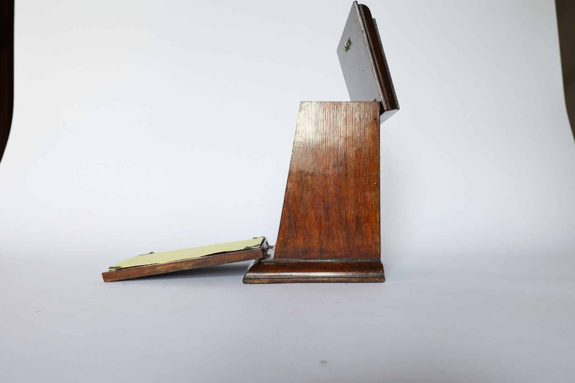 Euro Trash Antique Inlaid Wooden Document Box features a wooden stand with two metal plates—one upright on top, one flat at the base—crafted with intricate inlaid wood and shown against a plain white background.
