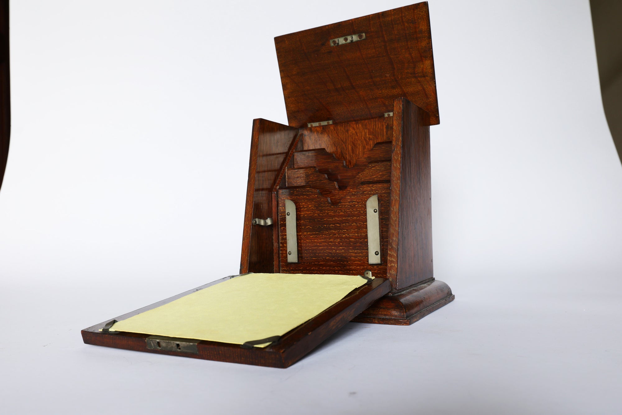 The Euro Trash Antique Inlaid Wooden Document Box features an open lid and a slanted front panel showing a yellow paper sheet, beautifully crafted from inlaid wood and displayed on a plain white background.